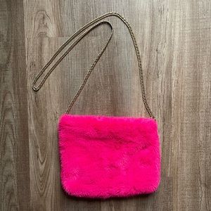 Hot Pink Sherpa Fuzzy Faux Fur Purse Bag Zipper Pouch with Crossbody Gold Chain